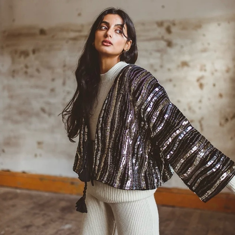 Tigermoth london collab with Free people beaded embroidered velvet loose fit top